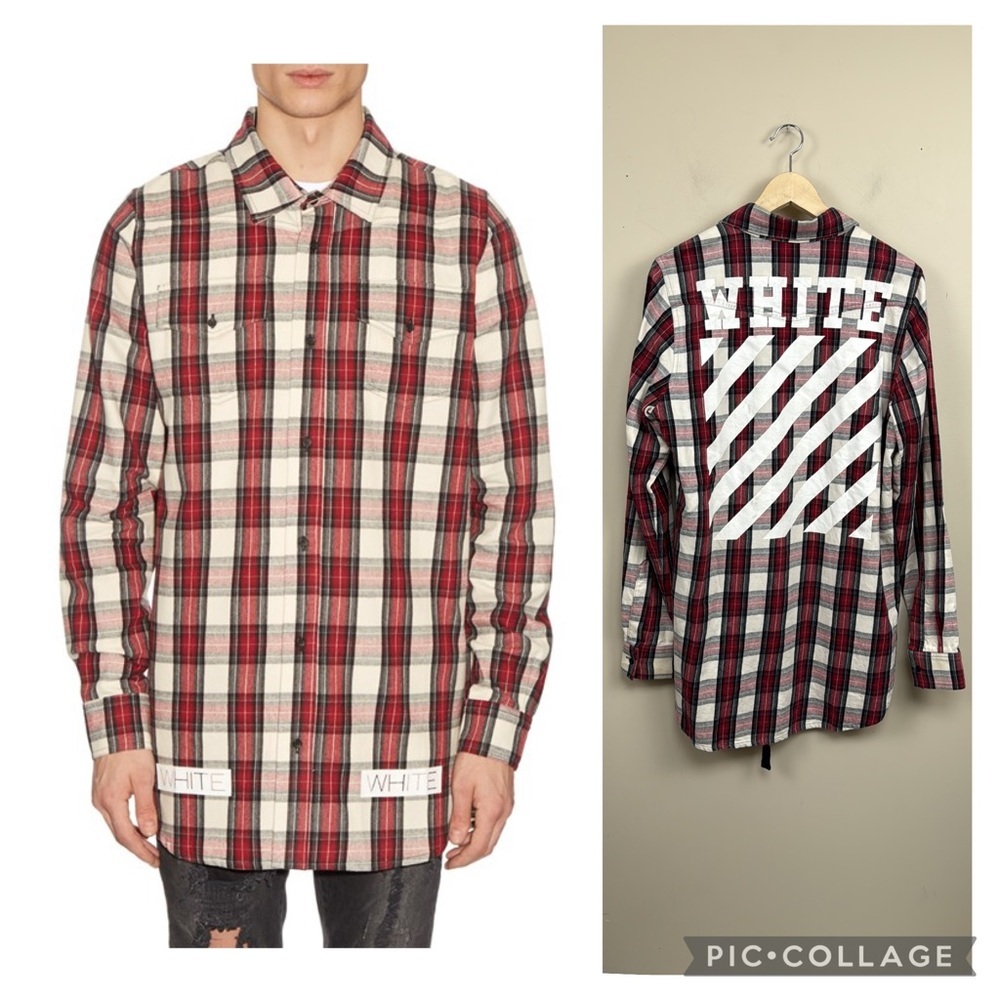NEW OFF WHITE burgundy and white long sleeve button up plaid shirt small